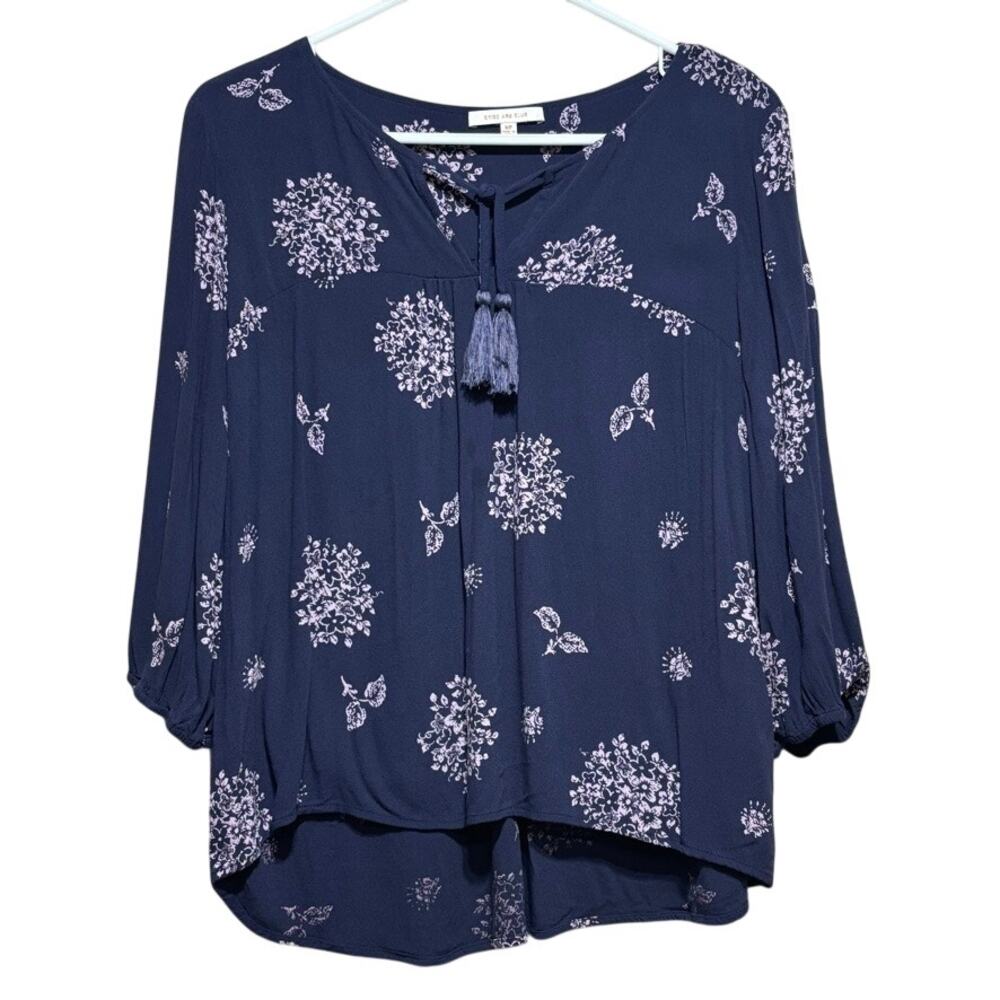 Skies Are Blue Women's Padenia Tassel Split Neck Top Petite Medium Office Casual